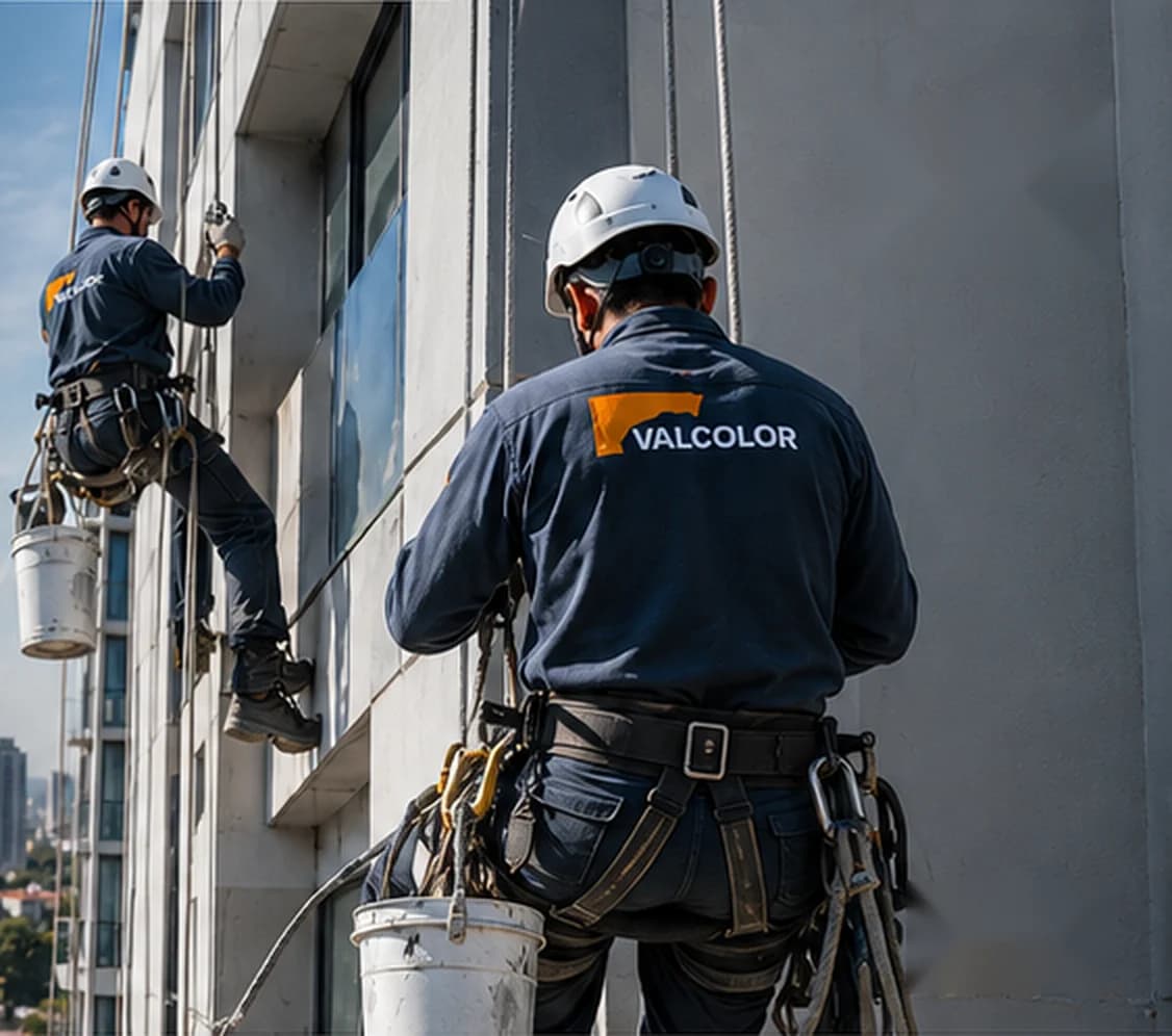 Operarios de VALCOLOR trabajando en altura sobre una fachada